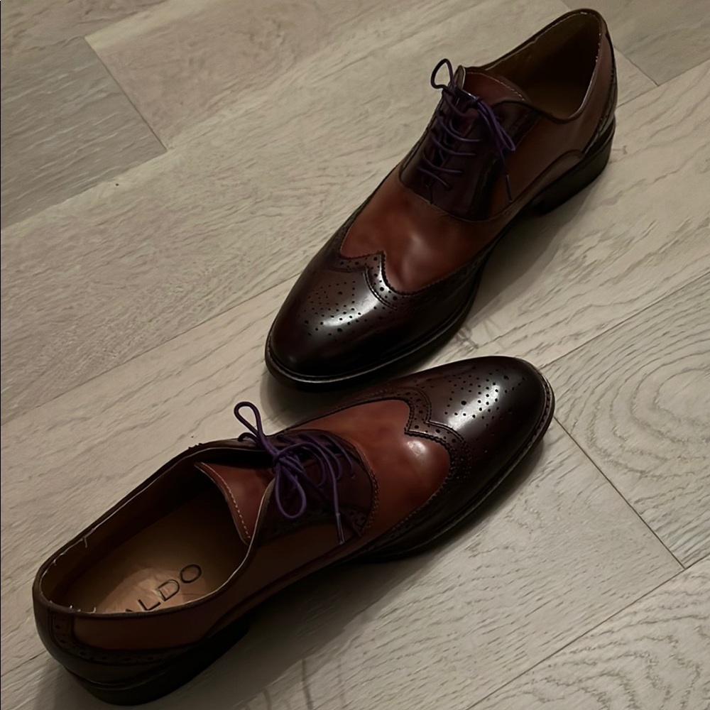 Aldo Brown Leather Oxford Shoes with Brogue Detailing - Picture 6 of 8